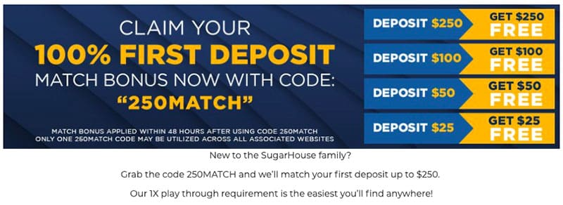 current 100% deposit match promo code offer from sugar house