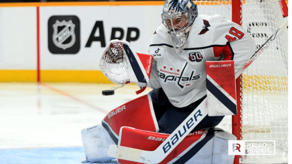Logan Thompson of the Washington Capitals takes on the Edmonton Oilers