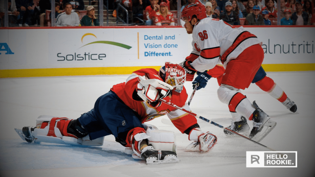 Sergei Bobrovsky is between the pipes for the Florida Panthers Against the Pittsburgh Penguins