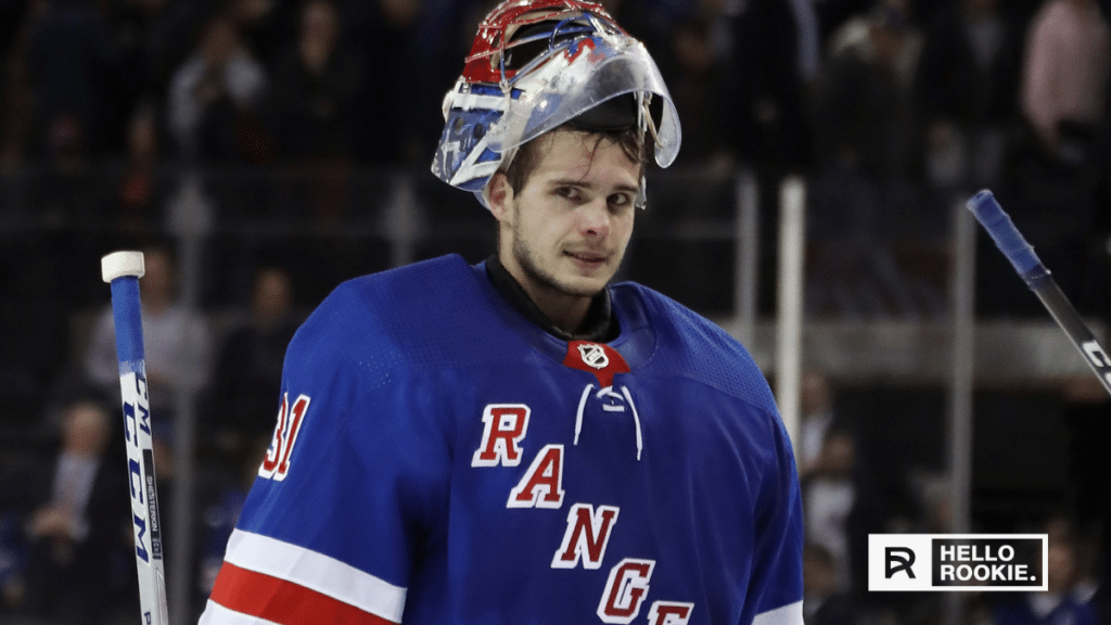 Igor Shesterkin guards the net as the Rangers take on the Blue Jackets in a crucial matchup.