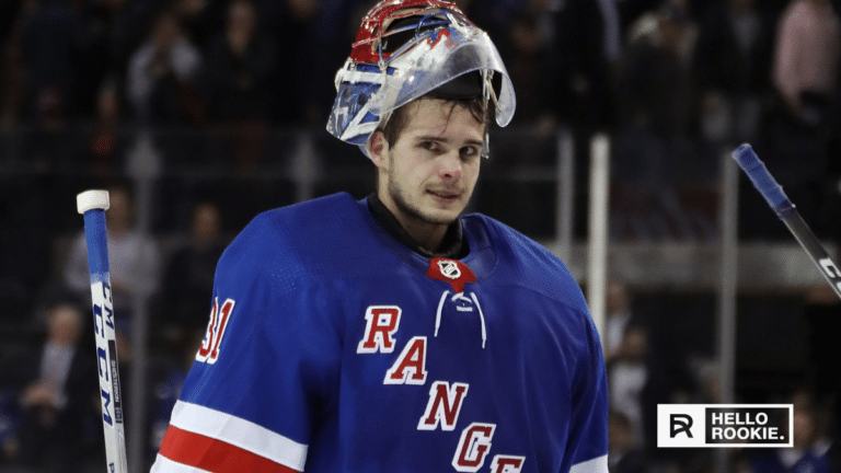 Igor Shesterkin guards the net as the Rangers take on the Blue Jackets in a crucial matchup.
