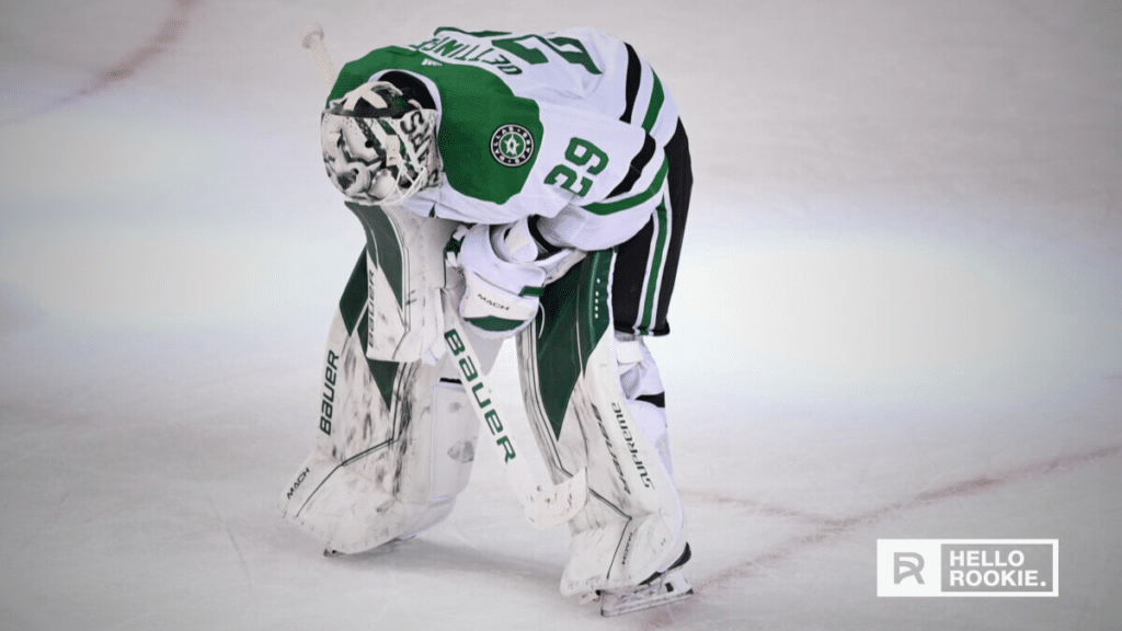 Jake Oettinger of the Dallas Stars defends the net against the Minnesota Wild at American Airlines Center.