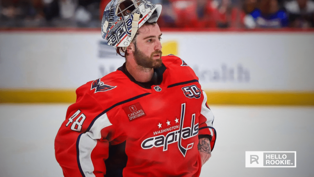 Logan Thompson defends the net as the Capitals take on the Red Wings at Capital One Arena.