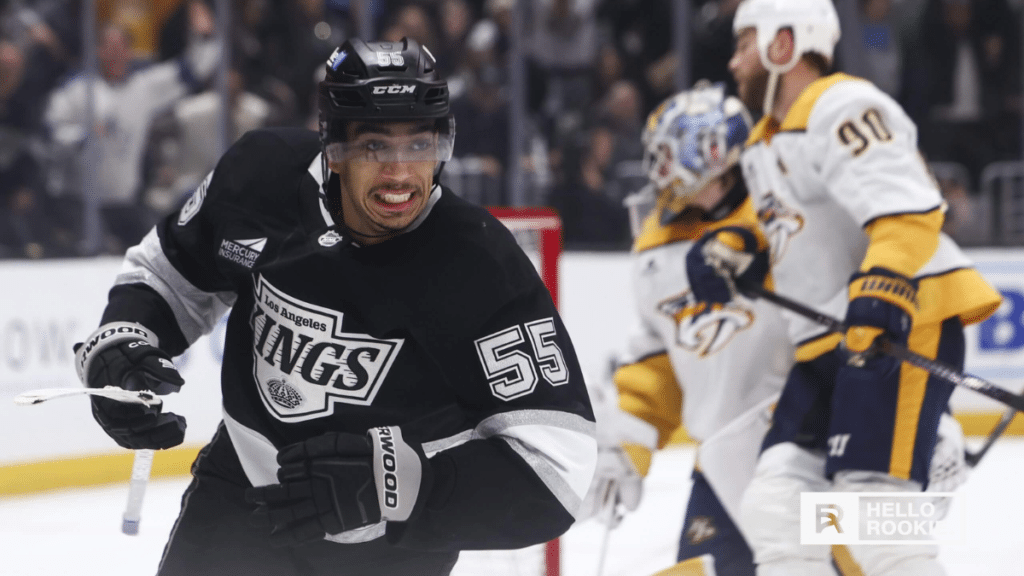 Quinton Byfield of the LA Kings looks to extend his home goal streak against the New York Rangers at Crypto.com Arena.