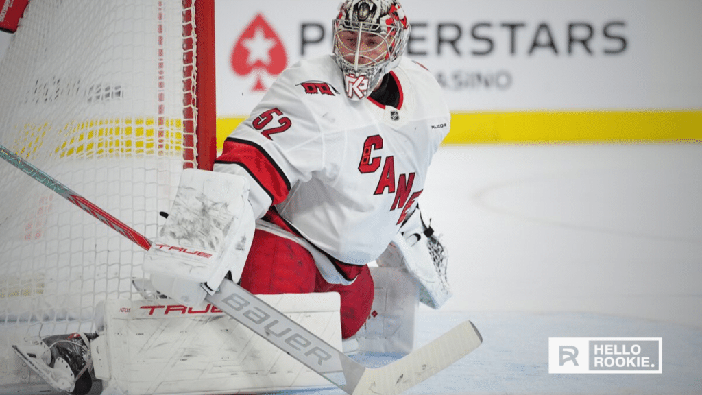 Pyotr Kochetkov defends the net for the Carolina Hurricanes in a key game against the Washington Capitals