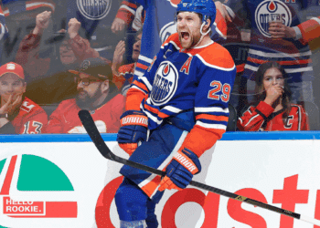 Leon Draisaitl of the Edmonton Oilers celebrates a goal as they face the Dallas Stars in Game 5 of the Western Conference Final.