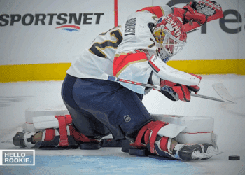 Sergei Bobrovsky of the Florida Panthers defends the net as they look to finish the series against the Toronto Maple Leafs in Game 6.