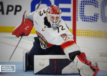 Sergei Bobrovsky of the Florida Panthers stays locked in ahead of Game 1 vs the Toronto Maple Leafs at Scotiabank Arena