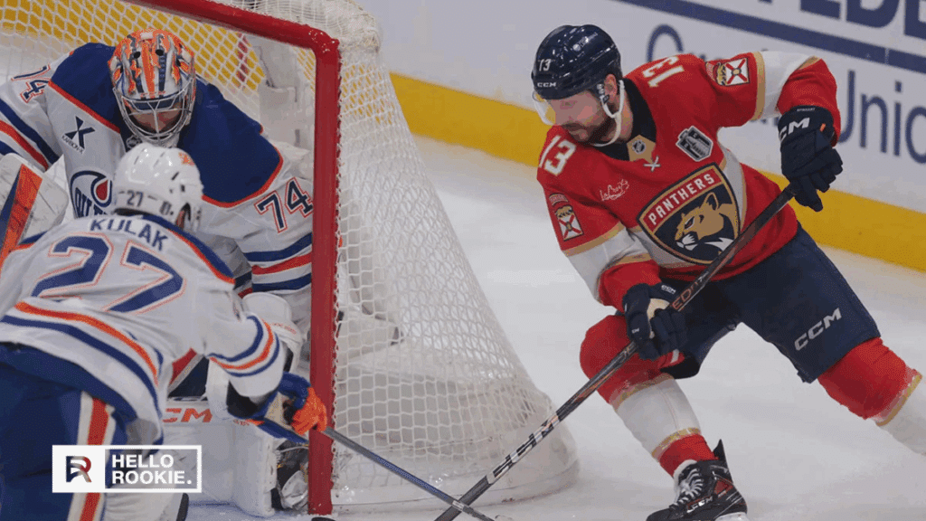 Sam Reinhart of the Florida Panthers celebrates after tying Game 4 late against the Edmonton Oilers.