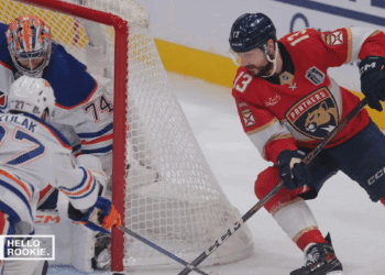 Sam Reinhart of the Florida Panthers celebrates after tying Game 4 late against the Edmonton Oilers.