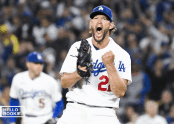 Clayton Kershaw of the Los Angeles Dodgers takes the mound against the Milwaukee Brewers at American Family Field.