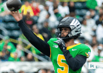 Dante Moore of the Oregon Ducks leads the offense at home against the Oregon State Beavers.