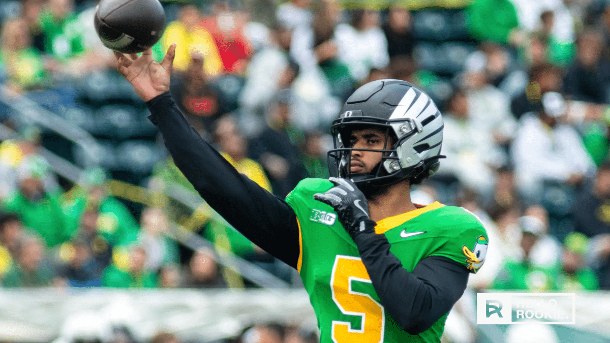 Dante Moore of the Oregon Ducks leads the offense at home against the Oregon State Beavers.