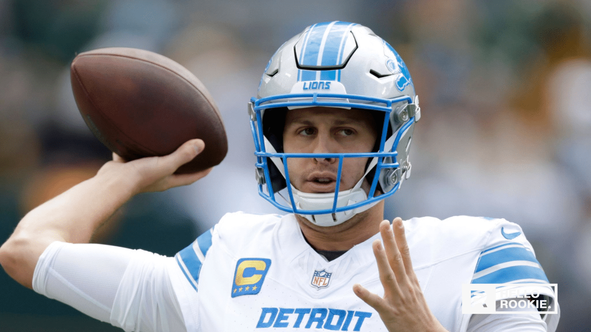 Jared Goff of the Detroit Lions drops back to pass against the Baltimore Ravens under the Monday Night Football lights.