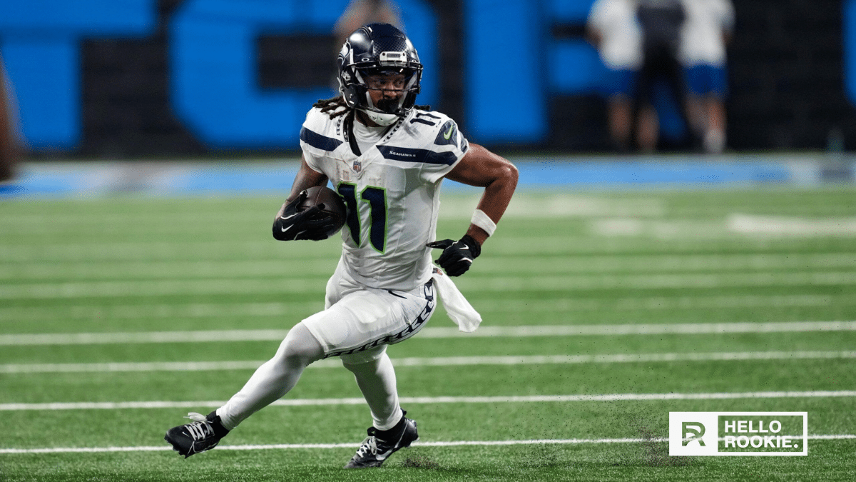 Jaxon Smith-Njigba of the Seattle Seahawks runs a route against the Arizona Cardinals defense on Thursday Night Football