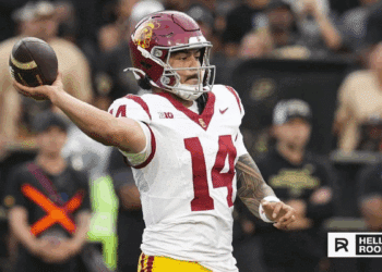 Jayden Maiava of USC drops back to pass against Illinois in a top-25 college football matchup