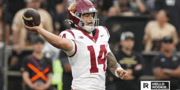 Jayden Maiava of USC drops back to pass against Illinois in a top-25 college football matchup