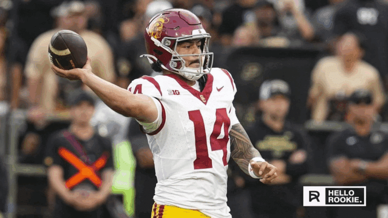 Jayden Maiava of USC drops back to pass against Illinois in a top-25 college football matchup