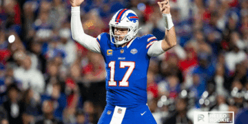 Josh Allen of the Buffalo Bills prepares to lead his offense against the Miami Dolphins in a primetime AFC East clash at Highmark Stadium.