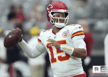 Patrick Mahomes of the Kansas City Chiefs drops back to pass against the Philadelphia Eagles at Arrowhead Stadium.