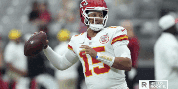 Patrick Mahomes of the Kansas City Chiefs drops back to pass against the Philadelphia Eagles at Arrowhead Stadium.