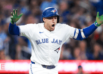 George Springer of the Toronto Blue Jays steps up to the plate in Game 7 against the Seattle Mariners at Rogers Centre.