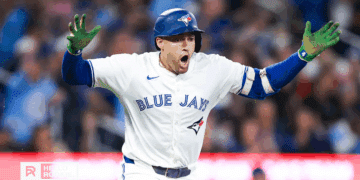 George Springer of the Toronto Blue Jays steps up to the plate in Game 7 against the Seattle Mariners at Rogers Centre.
