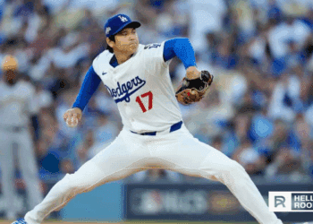 Shohei Ohtani of the Los Angeles Dodgers prepares to pitch in Game 4 against the Toronto Blue Jays at Dodger Stadium.