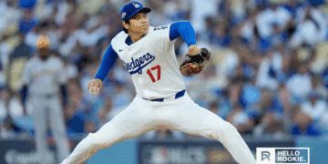 Shohei Ohtani of the Los Angeles Dodgers prepares to pitch in Game 4 against the Toronto Blue Jays at Dodger Stadium.