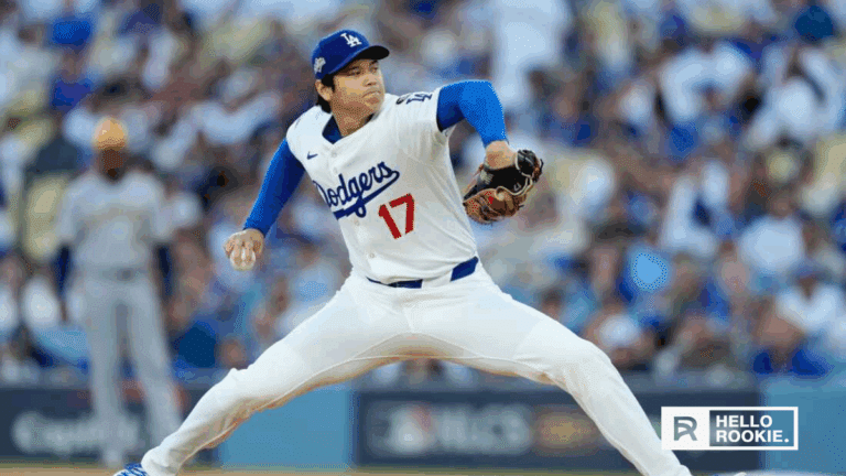 Shohei Ohtani of the Los Angeles Dodgers prepares to pitch in Game 4 against the Toronto Blue Jays at Dodger Stadium.