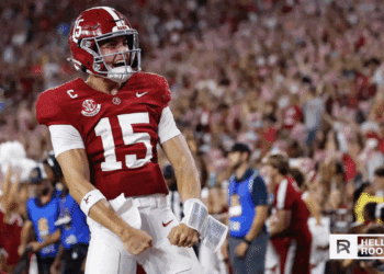 Ty Simpson of Alabama throws downfield against Vanderbilt in their SEC showdown at Bryant-Denny Stadium