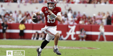 Ty Simpson of the Alabama Crimson Tide throws under the lights at Bryant-Denny Stadium against Tennessee.