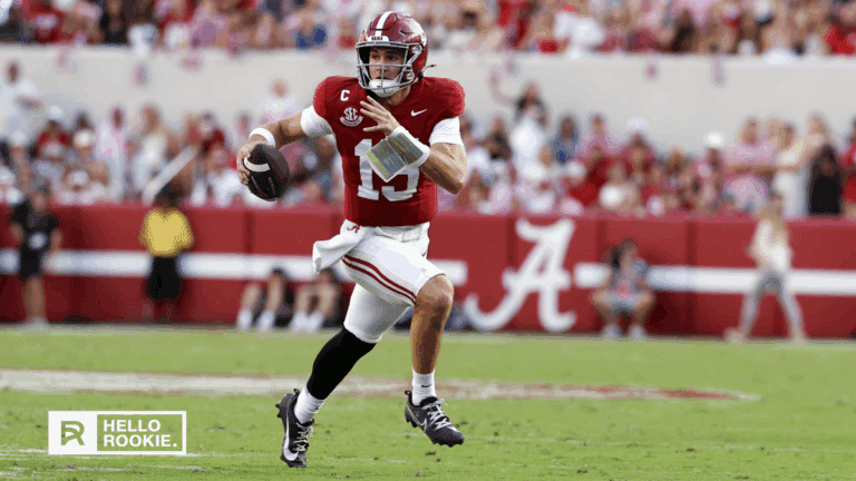 Ty Simpson of the Alabama Crimson Tide throws under the lights at Bryant-Denny Stadium against Tennessee.