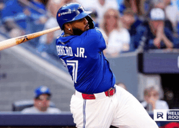 Vladimir Guerrero Jr. of the Toronto Blue Jays celebrates after hitting a home run against the Los Angeles Dodgers in Game 4