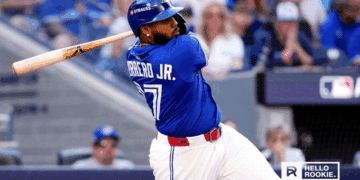 Vladimir Guerrero Jr. of the Toronto Blue Jays celebrates after hitting a home run against the Los Angeles Dodgers in Game 4