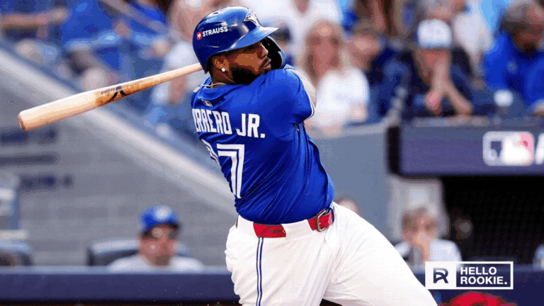 Vladimir Guerrero Jr. of the Toronto Blue Jays celebrates after hitting a home run against the Los Angeles Dodgers in Game 4