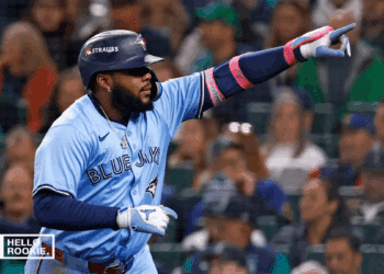 Vladimir Guerrero Jr. of the Toronto Blue Jays steps up to the plate as they battle the Seattle Mariners in ALCS Game 4.