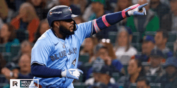 Vladimir Guerrero Jr. of the Toronto Blue Jays steps up to the plate as they battle the Seattle Mariners in ALCS Game 4.