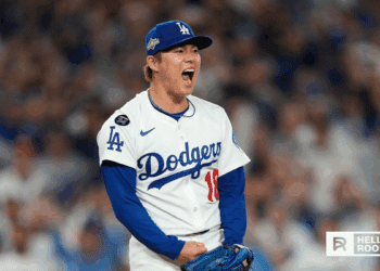 Yoshinobu Yamamoto of the Los Angeles Dodgers takes the mound against the Milwaukee Brewers in NLCS Game 2 at American Family Field.