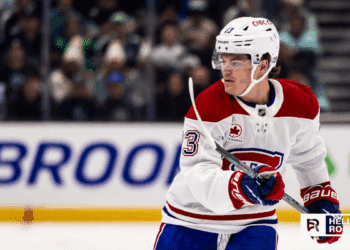 Cole Caufield of the Montreal Canadiens leads the attack as they face the Philadelphia Flyers at Bell Centre.