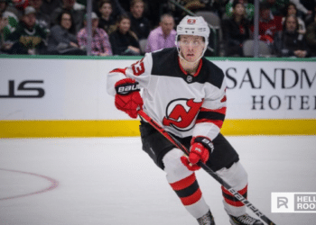 Jesper Bratt of the New Jersey Devils leads the team into Vegas against the Golden Knights at T-Mobile Arena.