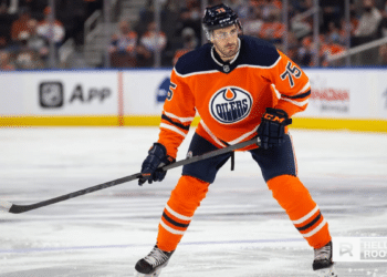 Evan Bouchard of the Edmonton Oilers quarterbacks the power play against the Anaheim Ducks.