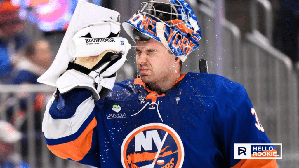 Ilya Sorokin of the New York Islanders anchors the net as they take on the Winnipeg Jets at Canada Life Centre.
