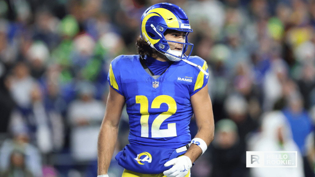 Puka Nacua of the Los Angeles Rams runs a route against the Carolina Panthers in a high-stakes Wild Card matchup.