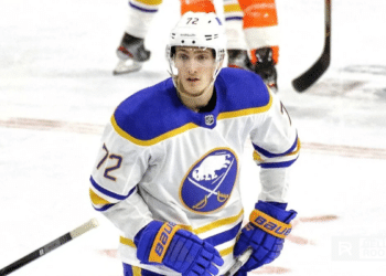 Tage Thompson of the Buffalo Sabres continues his scoring tear as they host the Los Angeles Kings at KeyBank Center.