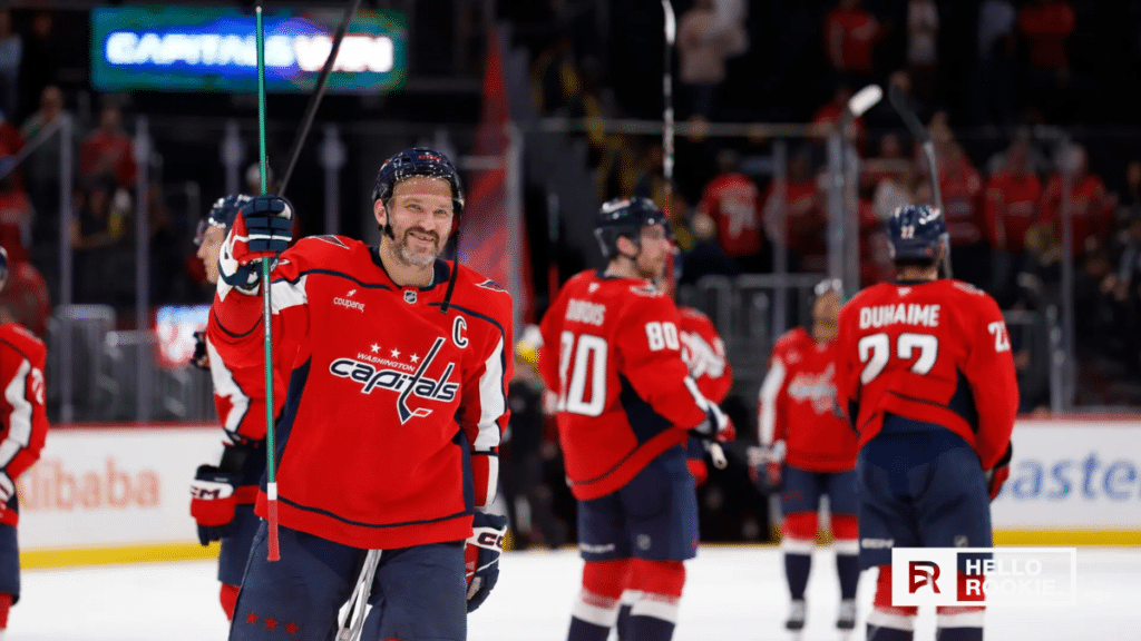 Alex Ovechkin of the Washington Capitals lines up a shot against the Philadelphia Flyers.