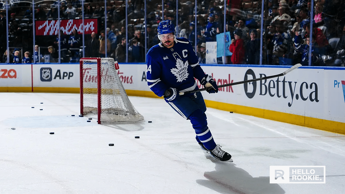 Auston Matthews of the Toronto Maple Leafs fires a shot as Toronto faces the New Jersey Devils at Prudential Center.