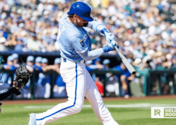 Bobby Witt Jr. of the Kansas City Royals bats in the Kauffman Stadium home opener vs the Minnesota Twins
