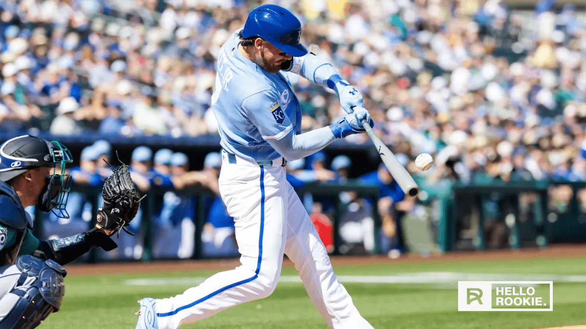 Bobby Witt Jr. of the Kansas City Royals bats in the Kauffman Stadium home opener vs the Minnesota Twins
