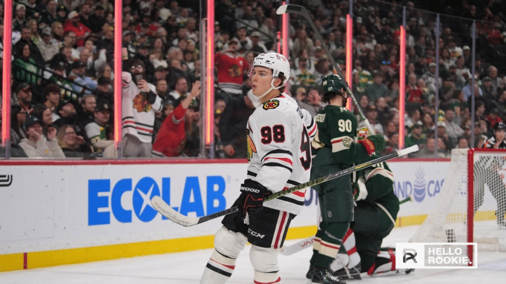 Connor Bedard of the Chicago Blackhawks handles the puck during an NHL matchup as the rookie star leads Chicago’s offense.